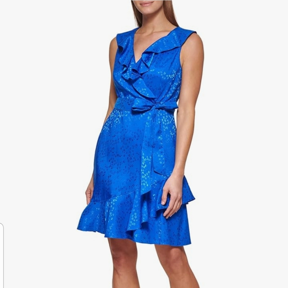 DKNY Vibrant Cobalt Blue Dress Sleeveless Ruffle Faux Wrap Wedding New Petite 6